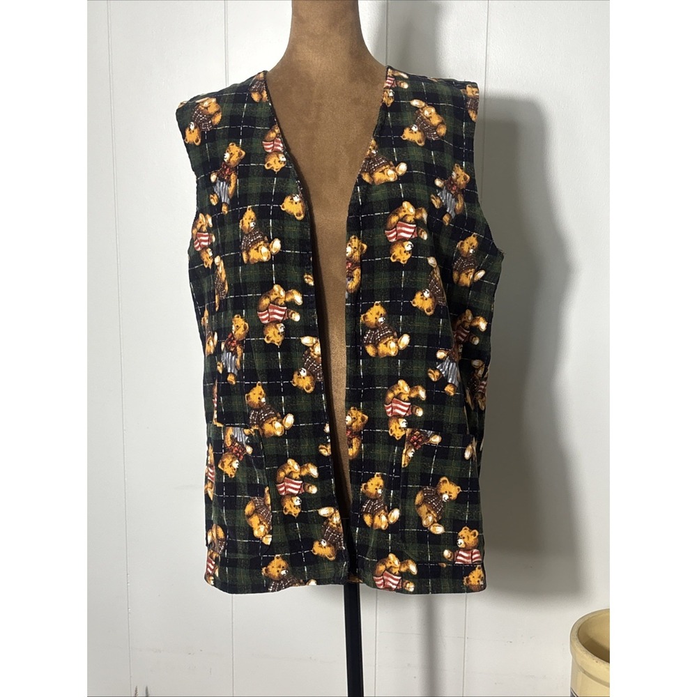 Teddy Bear Handmade Corduroy Vest Open Front Vintage Chest 38" Plaid Fall Cute